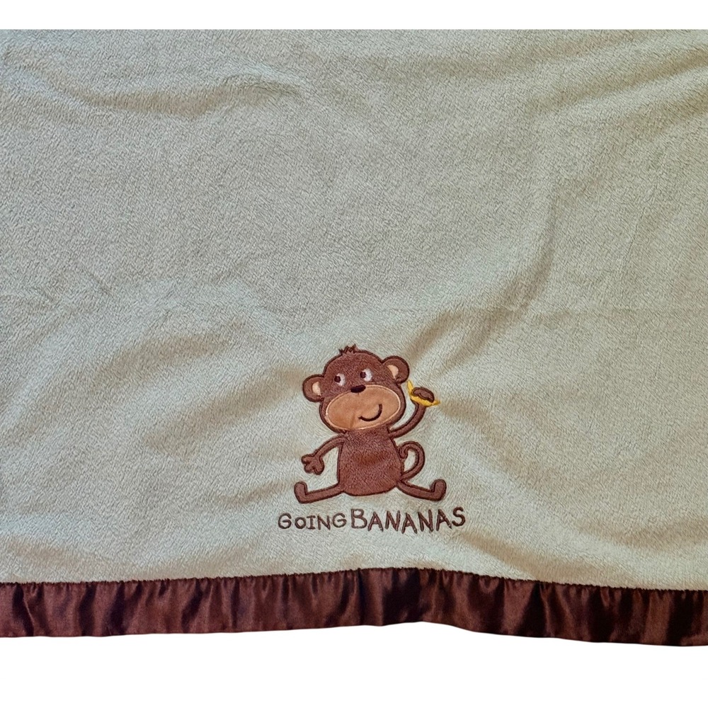 Carters Going Bananas Monkey Baby Blanket Sage Green Brown Satin Trim 29x38